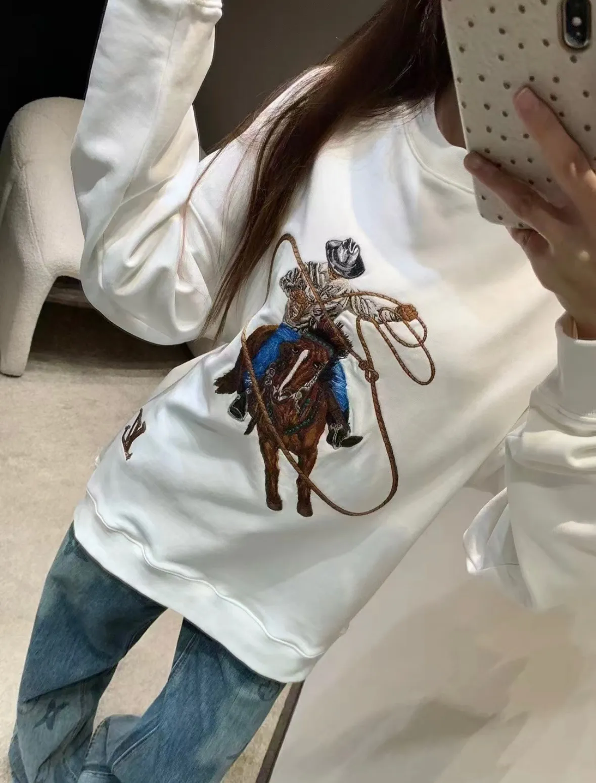 Louis Vuitton/Louis Vuitton 24Fw Western denim heavy embroidered round neck sweatshirt